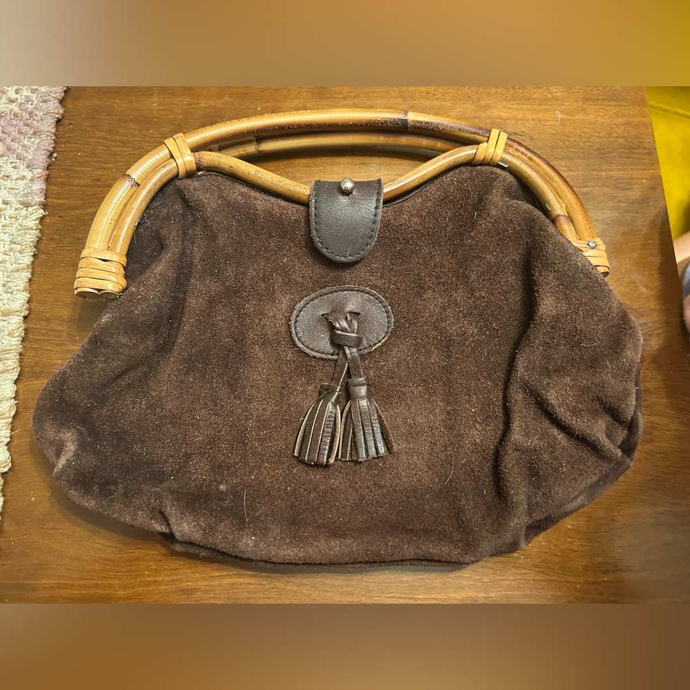 Brown Suede Handbag with Bamboo Handle
